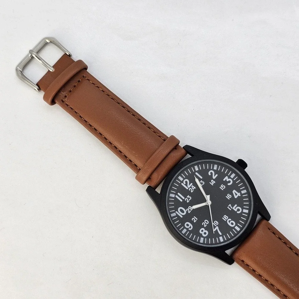 Field Men's Watch 42MM Easy Read Black Dial Black Case Brown Leather Band Straps